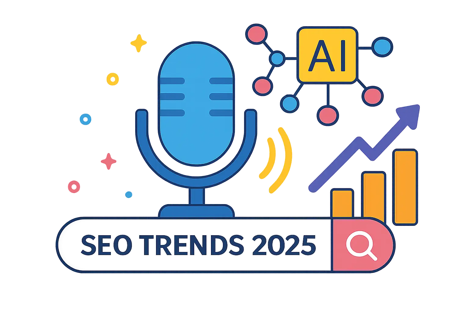 SEO 2025: Ilustração de conceitos de SEO em 2025 com elementos de IA, voz e gráficos modernos