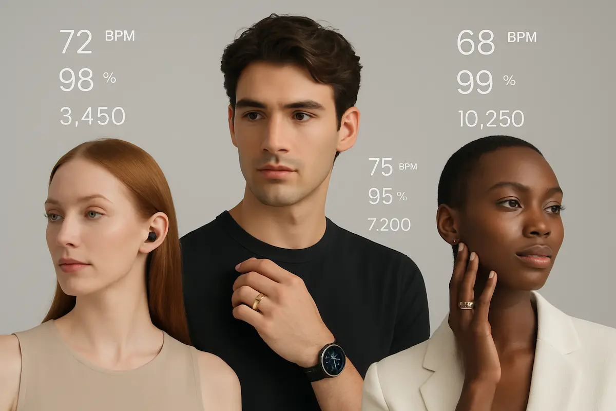 Dispositivos earables e wearables modernos exibindo saúde e estilo, como fones, anéis e relógios inteligentes