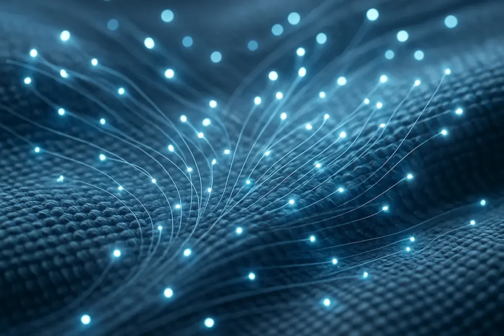 Moda geek 2.0: Macro de tecido inteligente com fibras luminosas integradas, representando inovação em wearable tech.