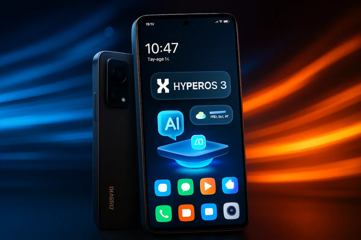 Interface moderna do HyperOS 3 da Xiaomi exibida em um smartphone com tela vibrante e design minimalista, destacando novos recursos de IA e desempenho aprimorado