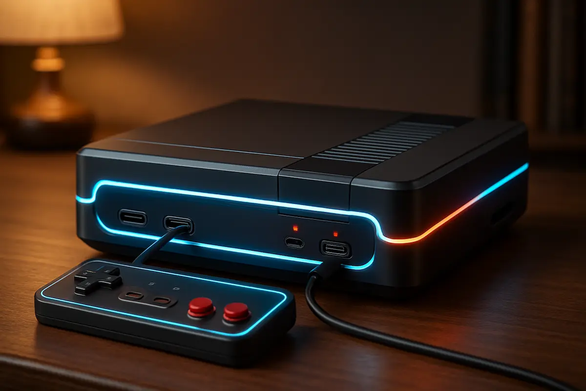 Retro tech e nostalgia geek: Imagem de um console retrô clássico (por exemplo, NES ou Mega Drive) estilizado com elementos futuristas ou modernos (HDMI, luzes LED), mostrando a união entre nostalgia e tecnologia.