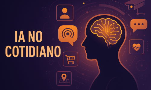Ilustração de um cérebro digital iluminado representando a presença da IA no cotidiano por meio de ícones como voz, compras, saúde e segurança.