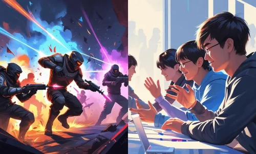 Imagem mostra os dois lados do comportamento tóxico nos games: de um lado, a agressividade nos jogos online; do outro, o respeito e a empatia entre jogadores.