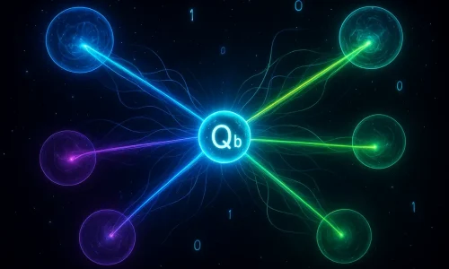 Visualizando a junção entre computação quântica e multiverso: superposição, entrelaçamento e múltiplos ramos de realidade.