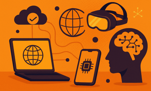 Representação visual das principais tecnologias que moldarão o futuro da internet: inteligência artificial, realidade virtual, conectividade global e computação em nuvem.