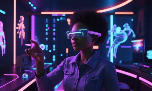 A realidade aumentada nos games proporciona imersão total ao integrar elementos digitais ao ambiente físico, como nesta cena gamer futurista.