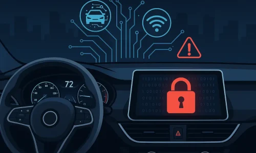 Ilustração mostrando um painel automotivo digital com alerta de cibersegurança, destacando os riscos e desafios dos carros conectados em 2025