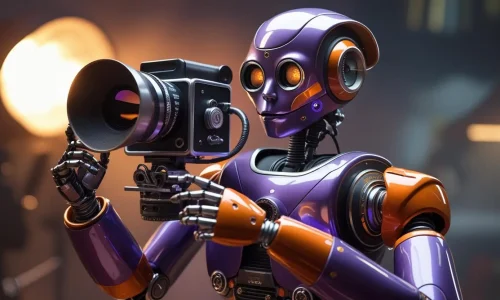 Um robô estilizado em tons de roxo escuro e laranja (#1A1425 e #FFA528) operando uma câmera cinematográfica em um ambiente de estúdio, simbolizando o uso de IA no cinema.