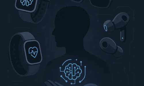 Ilustração de dispositivos vestíveis com IA integrados, representando o impacto dos wearables inteligentes na saúde e no desempenho humano.