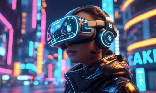Ilustração digital mostrando um jogador com óculos de realidade aumentada, hologramas de jogos ao redor, e interface futurista