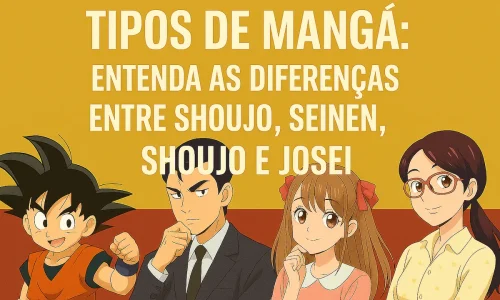 Descubra as características únicas de cada tipo de mangá com esta ilustração representando os estilos shonen, seinen, shoujo e josei.