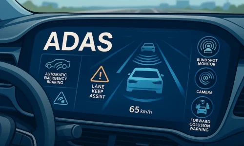 Interface digital destacando as principais funções do ADAS, como controle de cruzeiro adaptativo, assistência de faixa e alerta de colisão