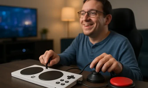 Tecnologia acessível geek permite personalização de controles para jogadores com mobilidade reduzida, como no Xbox Adaptive Controller.