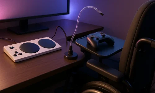 Um setup pensado para acessibilidade em jogos, com hardware adaptado para mobilidade reduzida.