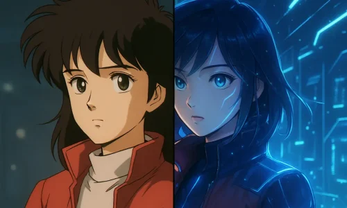 Arte conceitual representando a integração entre o traço humano e a automação da IA nos animes.