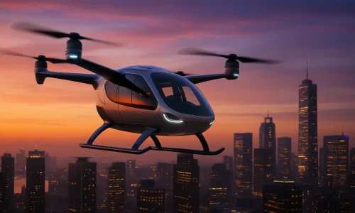 Uma visão do futuro: Drones de transporte pessoal revolucionando a mobilidade nas grandes cidades.