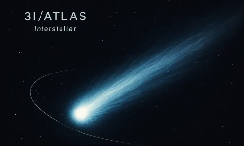 Visão artística do cometa 3I/ATLAS enquanto atravessa o Sistema Solar rumo ao periélio.