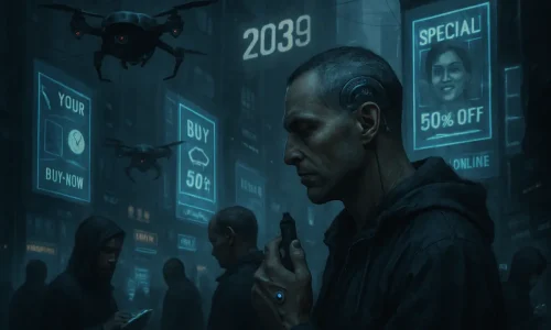 Cidade futurista em 2039: um retrato do possível futuro distópico com IA, IoT e personalização extrema.
