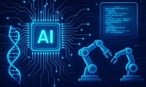 Representação artística do universo da Latest AI em 2025, unindo hardware, robótica, genômica e inteligência autônoma.