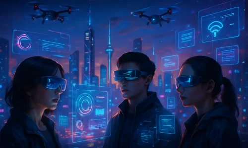 Representação visual das tendências geek e tecnologia que moldarão os próximos cinco anos