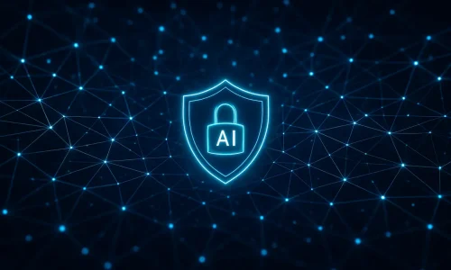 Rede digital com cadeado e linhas de proteção representando cibersegurança com IA