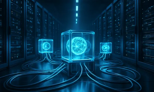 Representação artística de como um computador quântico poderia interagir diretamente com a infraestrutura de servidores da internet.