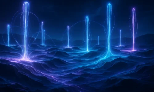 Visualização conceitual de um engine de jogo quântico, onde qubits alimentam um mundo dinâmico e imprevisível — ideia central dos games quânticos.