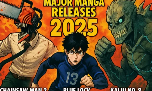 Arte promocional com os principais lançamentos de mangás em 2025: Chainsaw Man 2, Blue Lock e Kaiju No. 8
