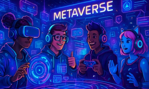 Representação artística do impacto do metaverso e social gaming na cultura geek.