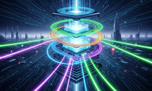 Representação artística de um computador quântico universal, a próxima revolução da ciência da computação.