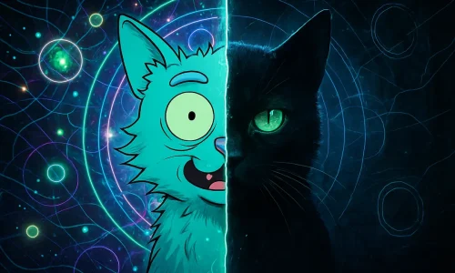 O gato de Schrödinger simboliza a fusão entre ficção e ciência: um ícone do pensamento quântico que inspira narrativas geek modernas.